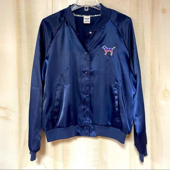 VS Pink ‘Merica Navy Blue Satin Bomber Jacket M - Picture 2 of 7